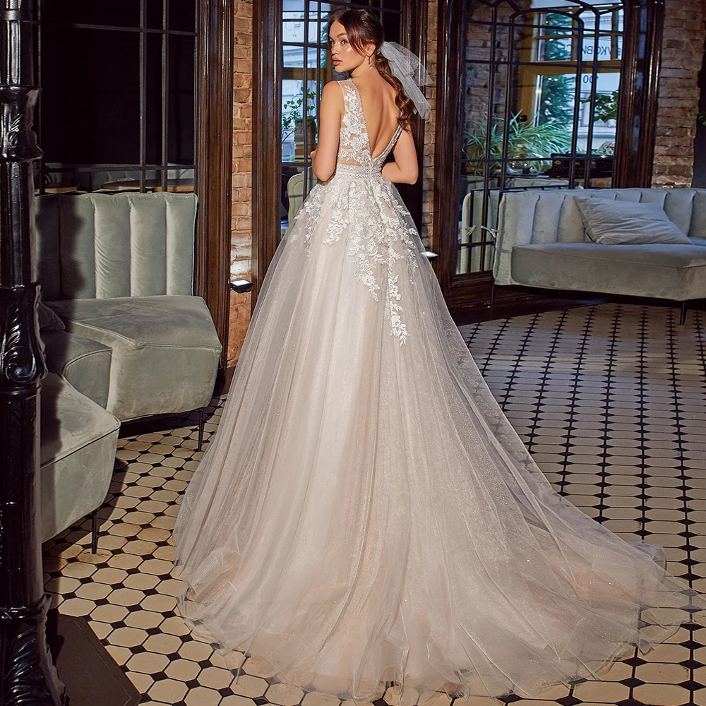 

Modest Tulle A-Line Appliques Lace Sleeveless Wedding Dress Deep V-neck Court Train Backless Bridal Gowns Vestido De Novia