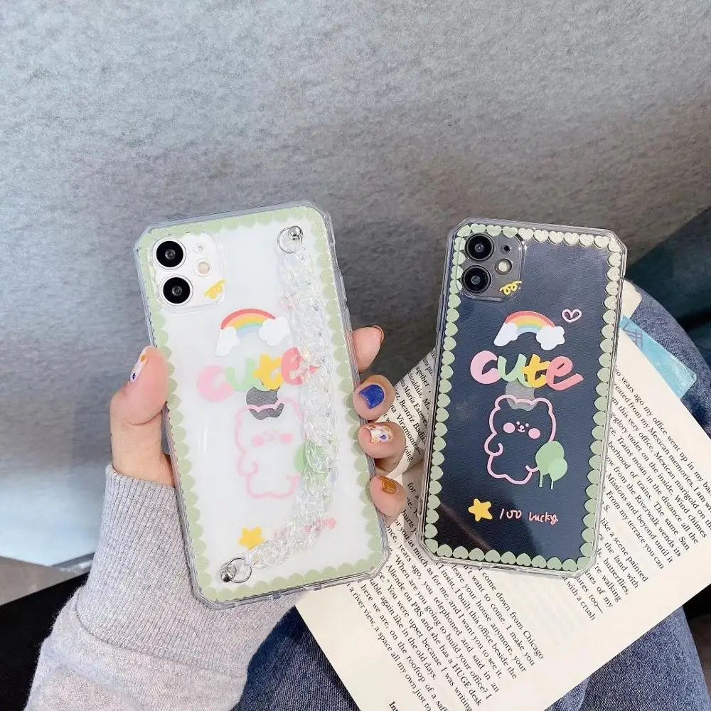 

Cute rainbow Bear Phone Case For iphone 12 11 Pro X XS Max XR Clear Cartoon Bracelet Cover For iphone 7 8 plus Soft TPU Case