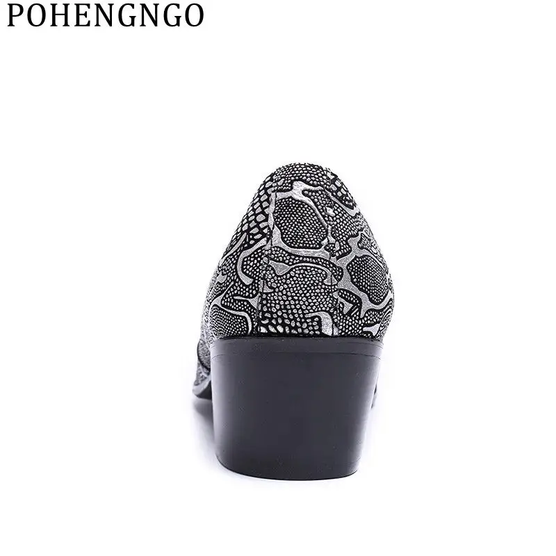

Luxury Style Men Wedding Dance High Heels Gold / Silver Printing Metal Pointed Men Dress Shoes Sapato Social Masculino