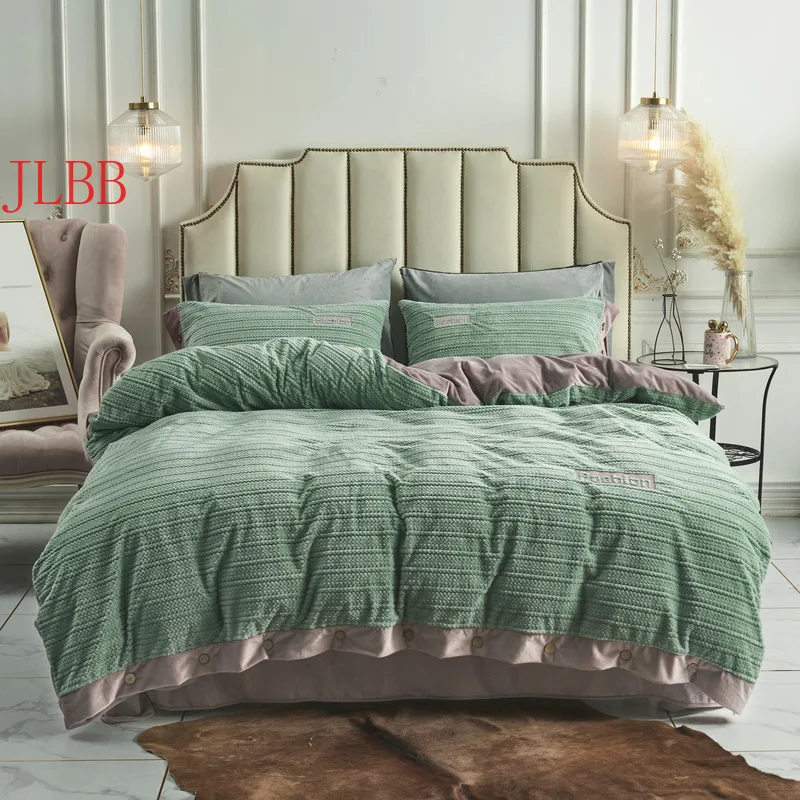 

High quality winter warm bedding set Fashion Coral Fleece duvet cover set crystal velvet flat sheet thicken bed set with button