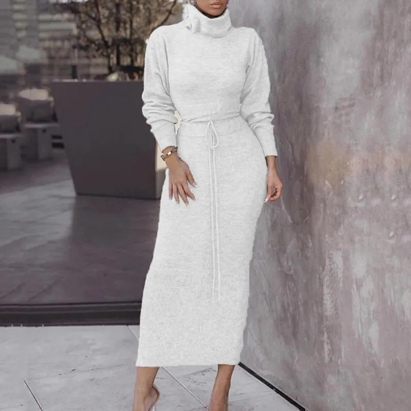 

Casual Two Piece Set Women Knitted Dress Autumn Winter Solid Bodycon Sweater Dress Long-sleeved Ladies Pullover Suit