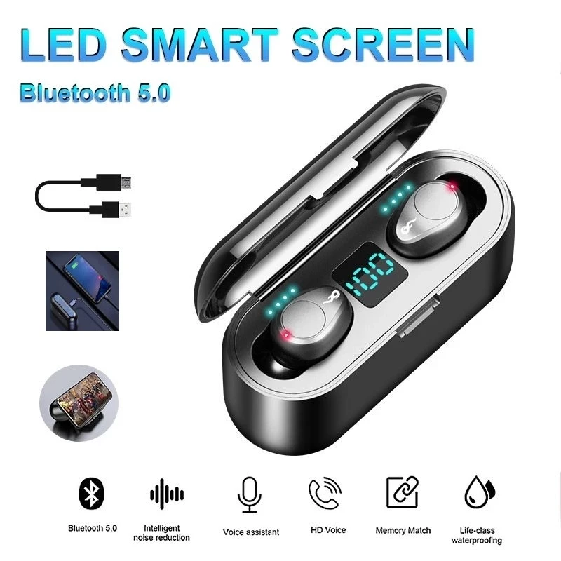 

TWS Bluetooth 5,0 наушники с микрофоном, водонепроницаемая гарнитура с шумоподавлением, 8D стерео сенсорные наушники, заряжаемые наушники-F9