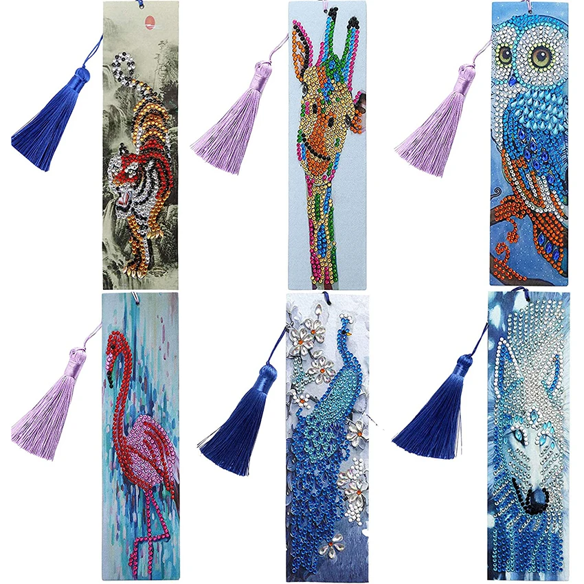 

5D Diamond Painting Bookmarks Tiger Giraffe Owl Flamingo Peacock Wolf 6 Pack Kits for Adults DIY Bookmarks with Tassel Art Craft