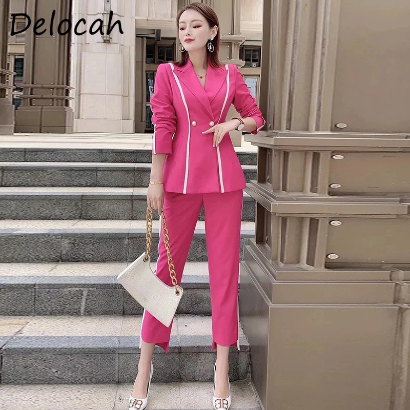 

Delocah 2021 New Spring Women Fashion RunwayPant Set Long Sleeve Slim Jacket + High Waist Simple Long Pants 2 TwoPiecesSuits