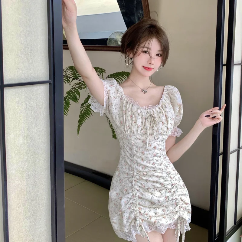 

Summer Sweet Style Puff Sleeve Mini Dress Ropa De Mujer Dresses for Women Flora Print Aesthetic Clothes Korean Fashion Clothing