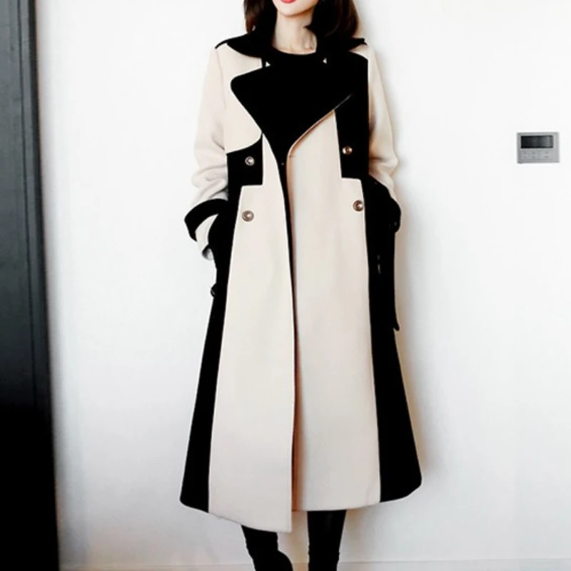 

Женское шерстяное пальто с длинным рукавом, повседневное двубортное Свободное пальто в стиле пэчворк, винтажная накидка Za для зимы
