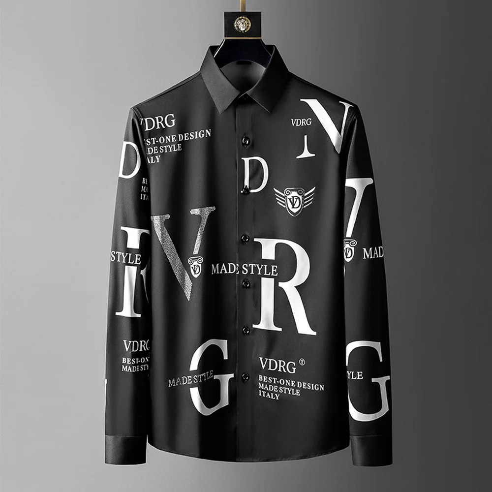 

Rhinestone Letter Shirts Men Long Sleeve Business Casual Shirt 2021 Spring Slim Streetwear Dress Social Nightclub Chemise Homme