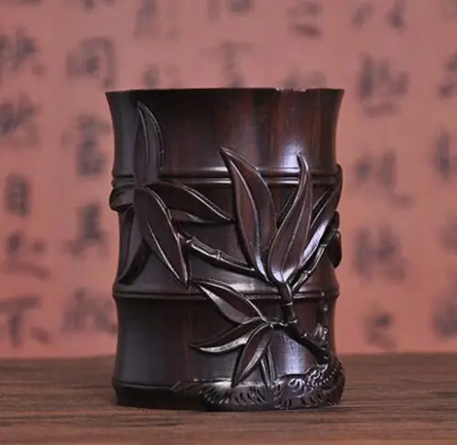 

China Wood Carved Dynasty Palace Bamboo Brush Pot Pencil Vase Pen Containe home decoration Flowers insects statue Wooden crafts