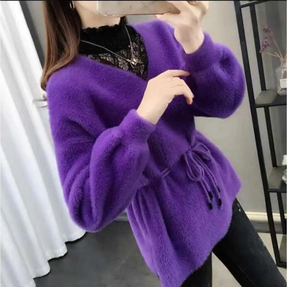 

Женский свитер, Осень-зима 2020, модный кружевной Удлиненный свитер с имитацией двух предметов, теплый свитер