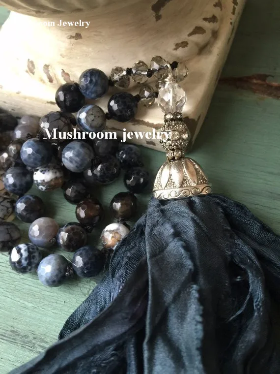 Винтаж камень ожерелье Узел огнеупорный Агат Бусины Длинные с бусинами