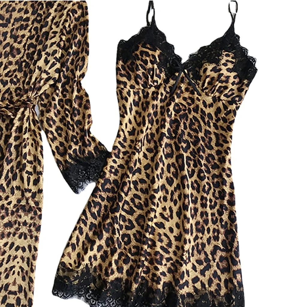 

European and American pop leopard print four piece nightdress with ice wire 2020 new sexy women's pajamas and sexy underwear