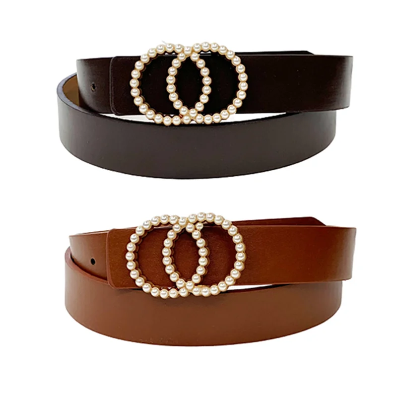 

Leather Belt Women Waist Luxury Black Red Belts For Jeans Dresses Pearl Studded Double Buckle Girls Ladies Fashion Decorative
