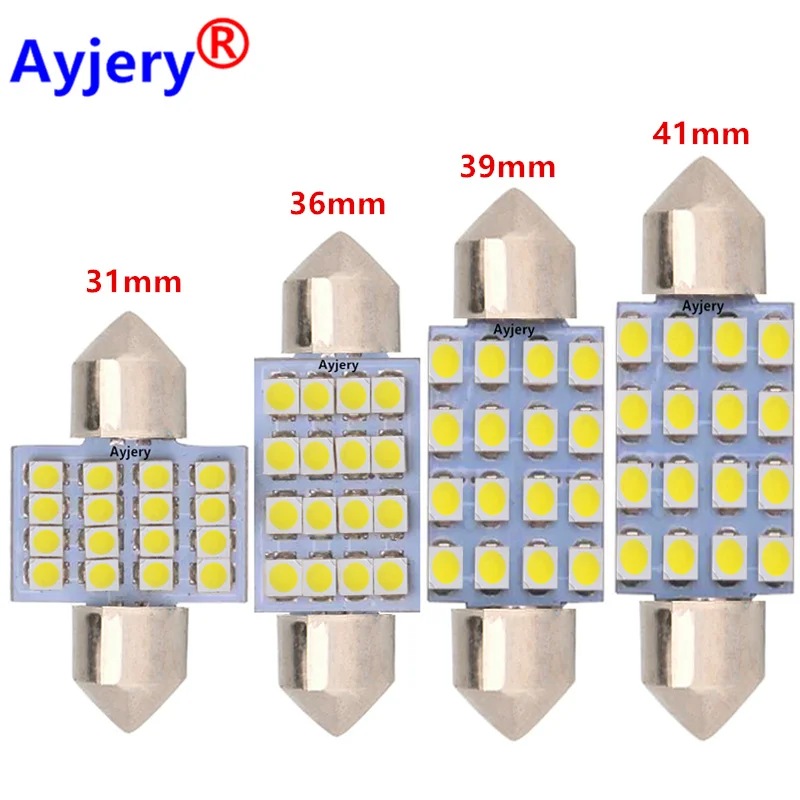 

AYJERY 100 Pcs C5W 31mm 36mm 39mm 41mm 1210 16 SMD 3528 16 LED Interior Reading Light Festoon Dome Lamps 12V DC Auto Bulbs White