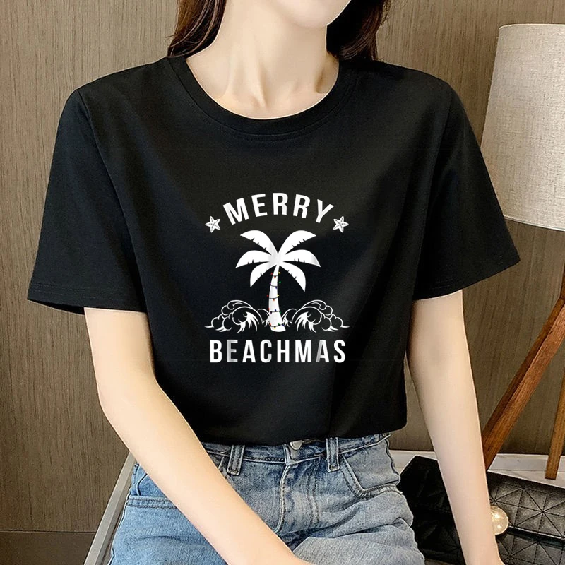 

Пляжная Рождественская графитовая рубашка с пальмами, женские пляжные футболки с веселым принтом, черные повседневные свободные топы с кор...