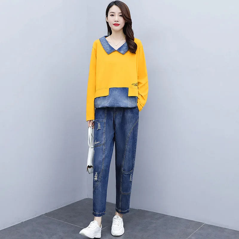 

Casual Suits 2piece Outfits 2021 Spring New Large Size Denim Splicing Vintage Retro Long Sleeve T-shirt Radish Pants Yalabovso