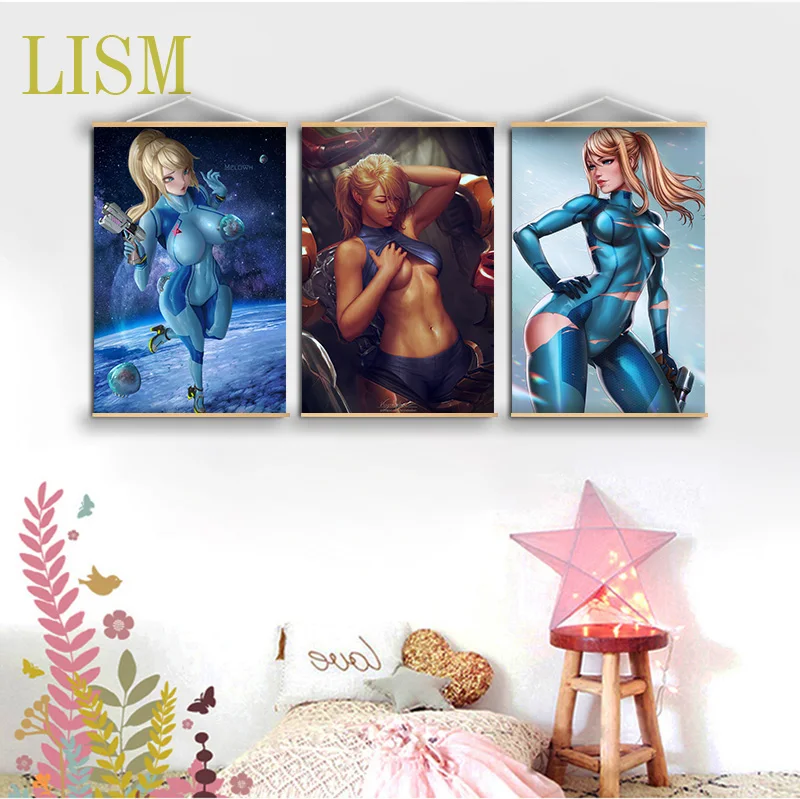 METROID Samus Aran аниме постер манга картина с твердой древесиной висячая прокрутка
