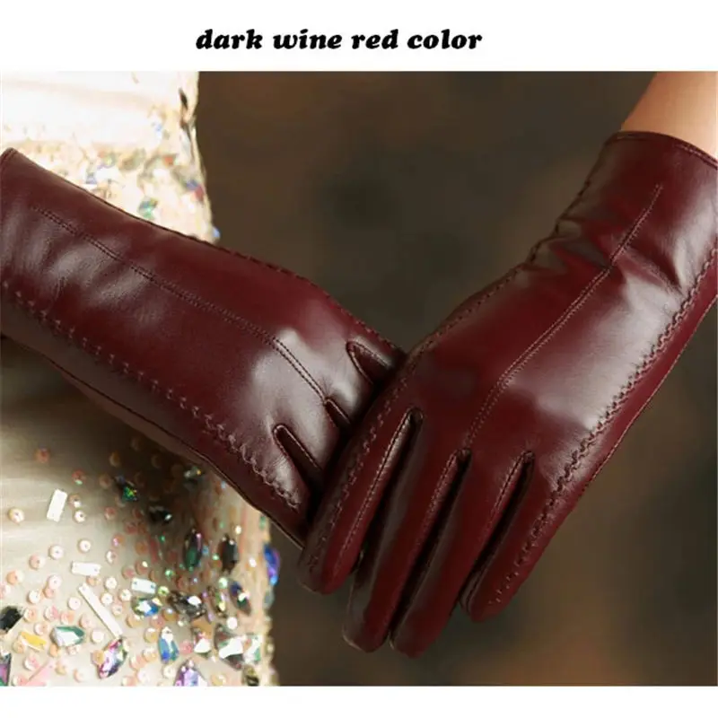 dark wine red KLSS Брендовые женские перчатки из натуральной кожи, модные элегантные женские перчатки из овчины, высококачественные перчатки из козьей кожи, бархатные 860 - Цвет: dark wine red