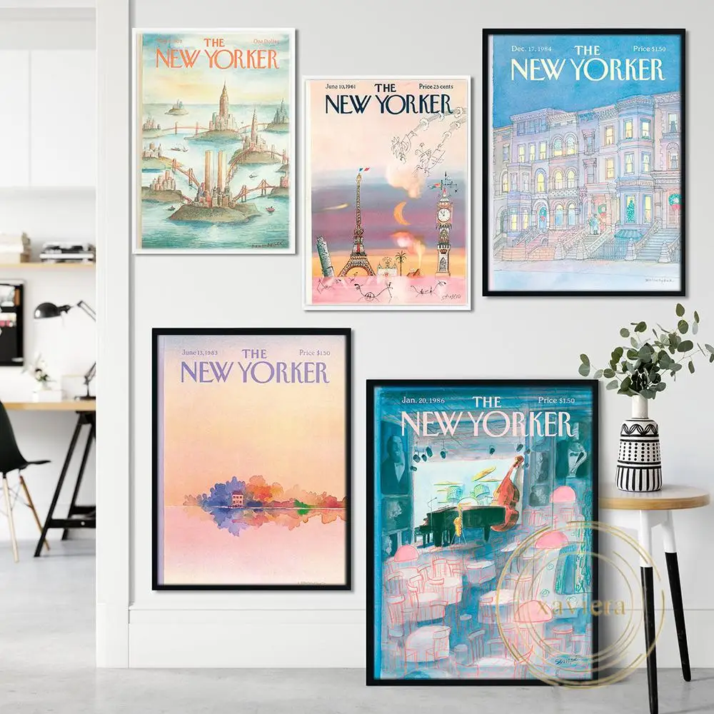 

The New Yorker Magazine Cover Poster Fashion Retro Pink Landscape Canvas Painting Vintage Wall Art Picture for Living Room Decor