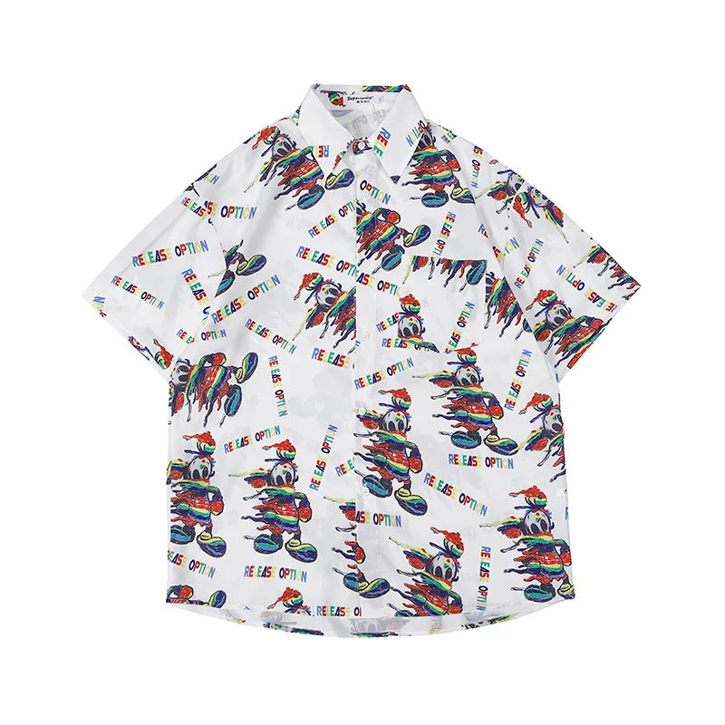 

Summer Men Casual Floral Shirt Korean Style Trendy Loose Letter Cartoon Printing Hawaiian Holiday Handsome Short Sleeve Blouse
