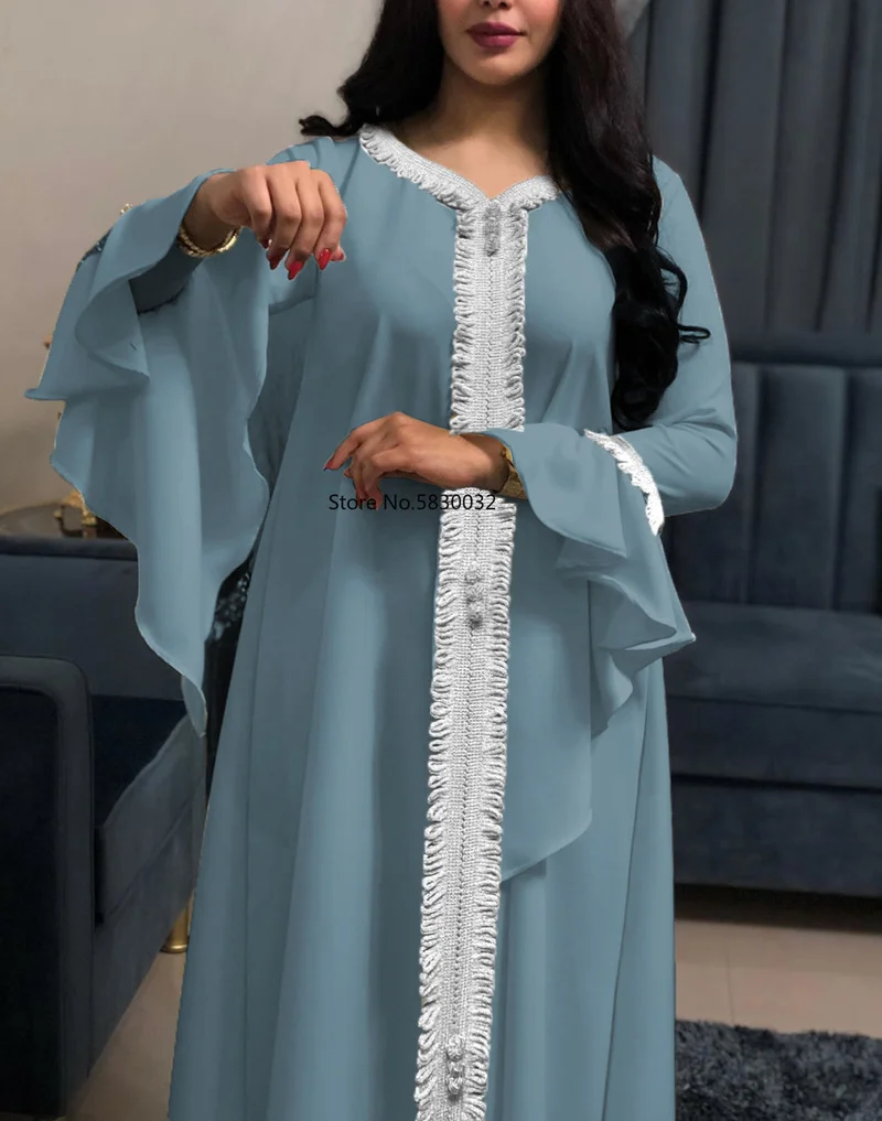 Muslim Women  Maxi Dress Jalabiya Dubai Abaya Long Sleeve  Golden Ribbon Islamic  Clothing Robe Kaftan Moroccan  Turkey Fashion