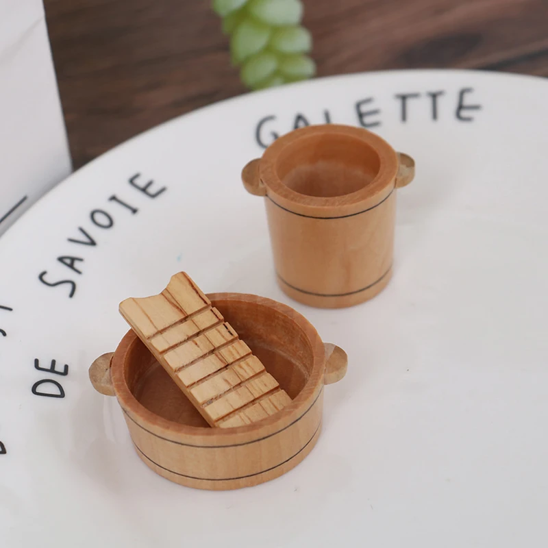 

1:12 Dollhouse Miniatures Wooden Basin Wooden Barrel Furniture Accessories