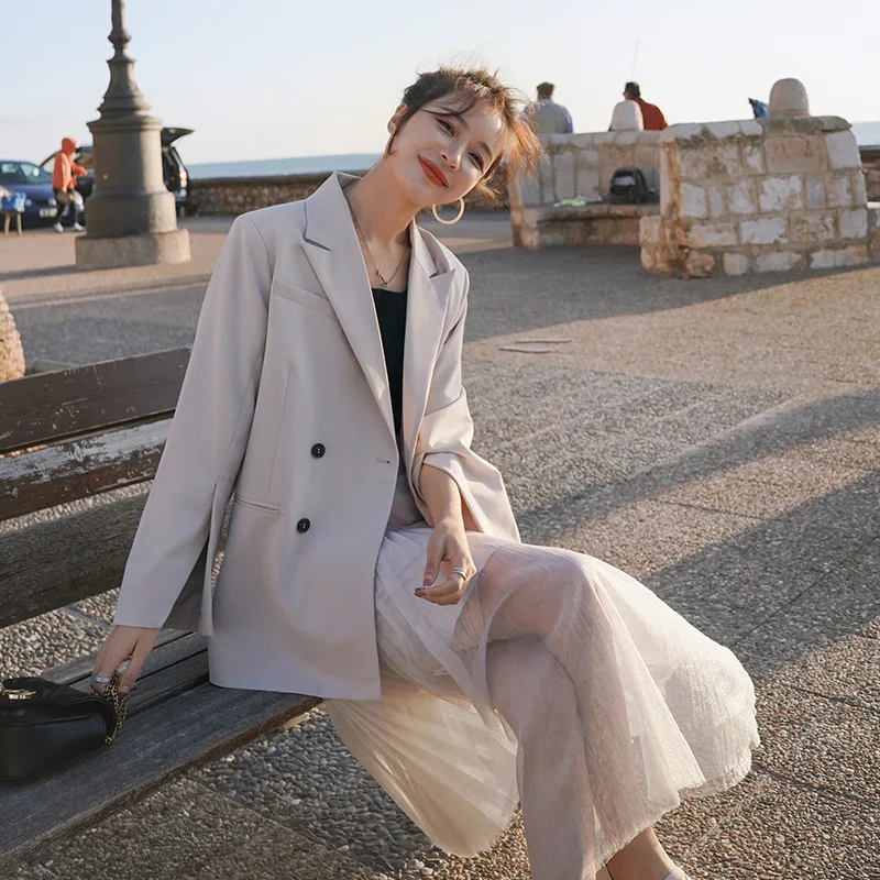 [EWQ] Новинка осени 2020 женский элегантный и шикарный двубортный блейзер + сетчатая