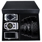 Высококачественный роскошный черный ремень из крокодиловой кожи с серебристыми фирменными пряжками и коробкой, модный Мужской подарочный ремень