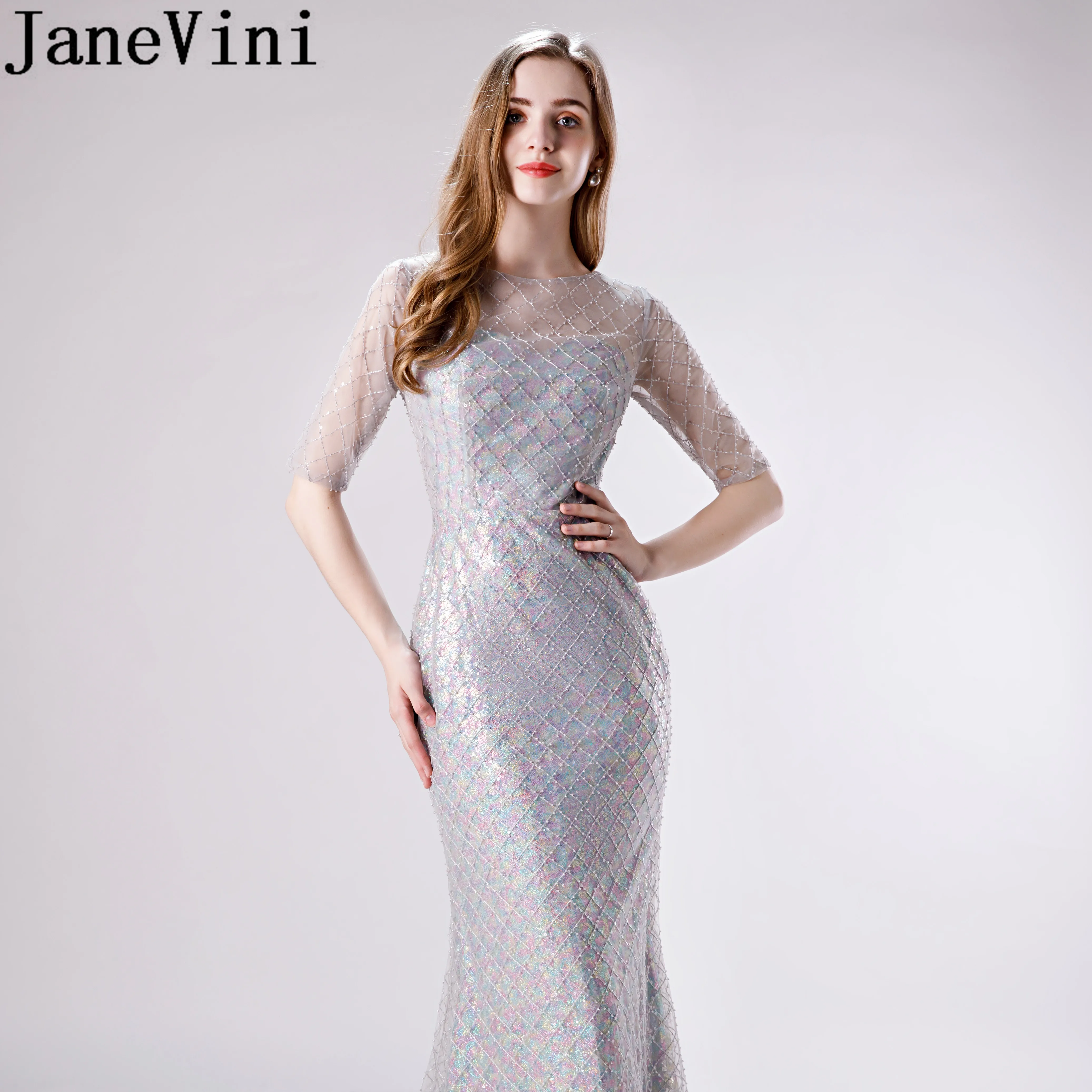 Длинное блестящее платье-Русалка с блестками полурукавом и бусинами | Свадьбы