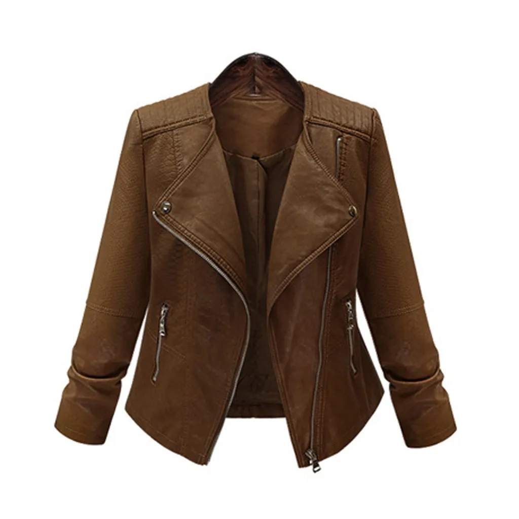 Модная женская кожаная куртка на молнии винтажное приталенное Женское пальто