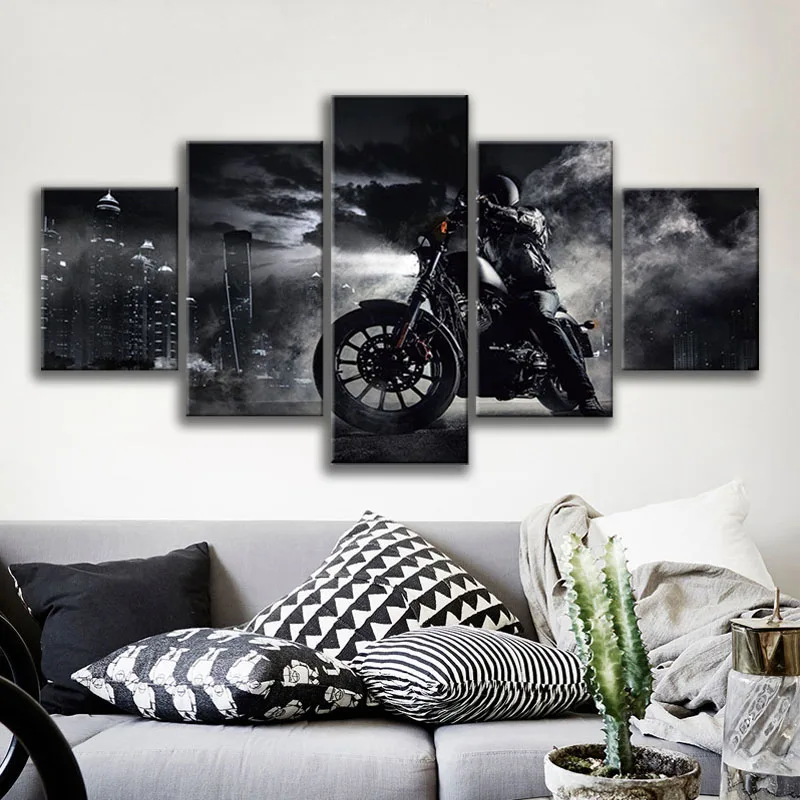 

No Framed 5 Pieces Black White Motorcycle Rider Modular Wall Art Canvas Posters Pictures Paintings Home Decor for Living Room