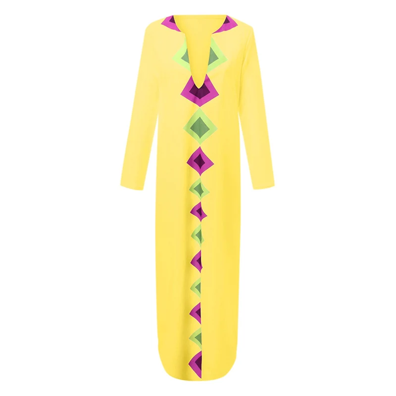 

Women's Wish Print Long Sleeve V-neck Dress Ethnic Irregular Split Skirt