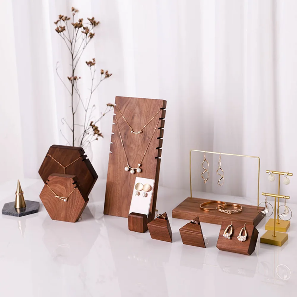 

Walnut Black Set Necklace Bracket Earrings Ring Bracelet Holder Stand Showcase Jewelry Display Props Sets Wooden Tray