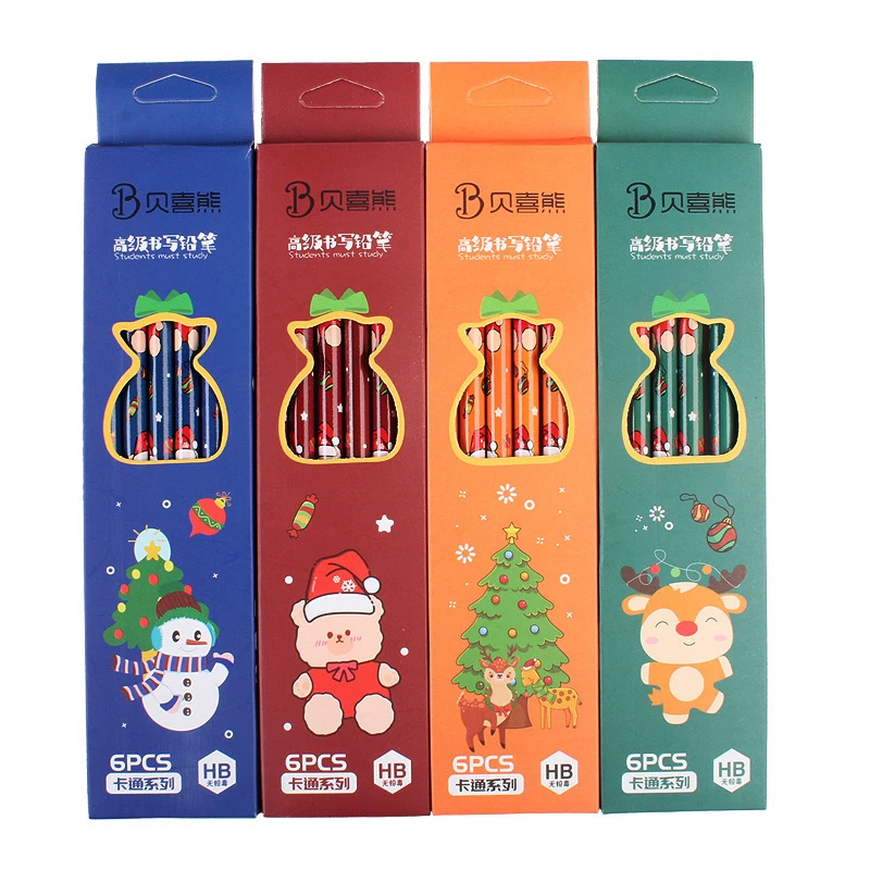 

6pcs Wooden HB with Rubber Pencil Christmas Boxed Pencils Student Writing Drawing Sketch Pen Set Stationery School Supplies