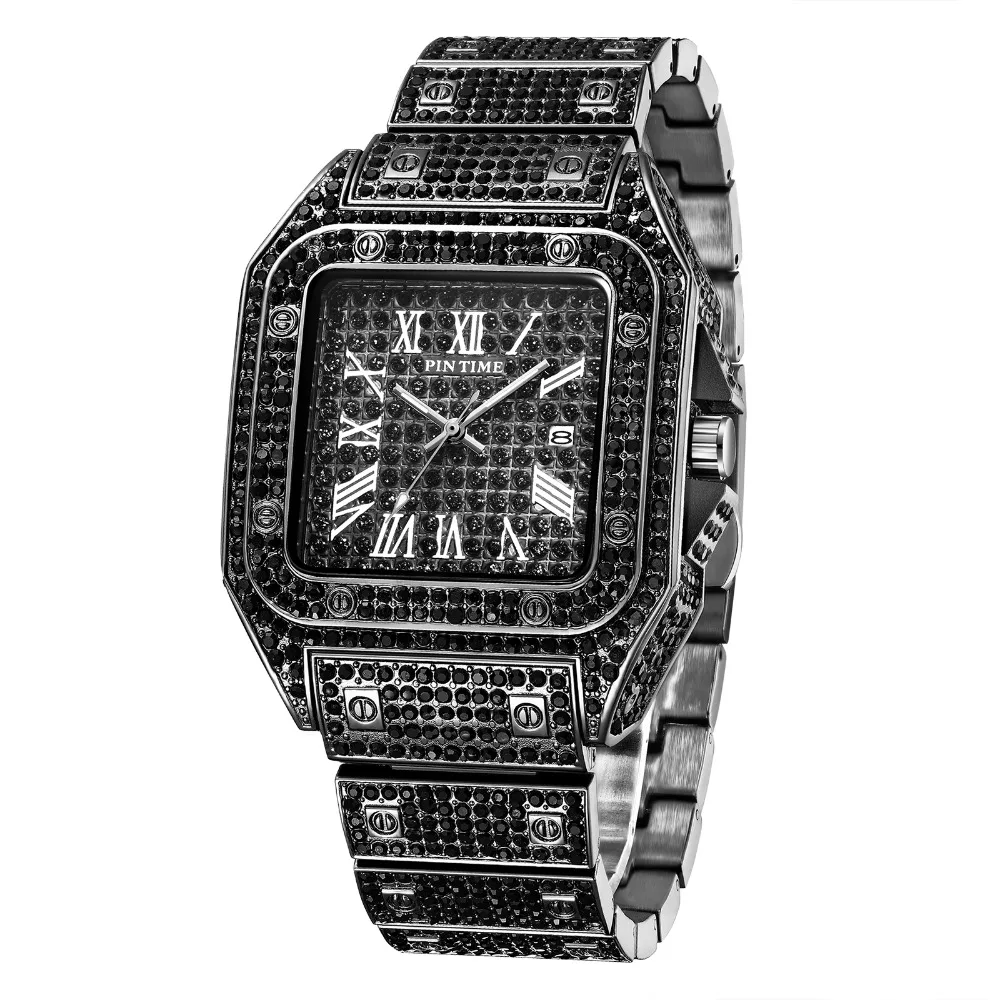 Хип-хоп Iced Out мужские часы с квадратным бриллиантом кварцевые роскошные мужские s наручные часы золотые римские часы с календарем стальные часы Relogio Masculino
