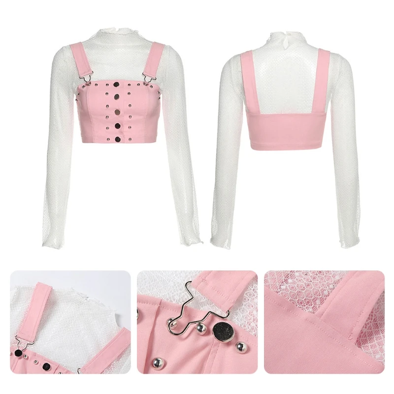 

Women Fake 2pcs Sheer Lace Crop Top Long Sleeve Turtleneck White T-Shirt with Pink Button Bib Suspender Vest Streetwear
