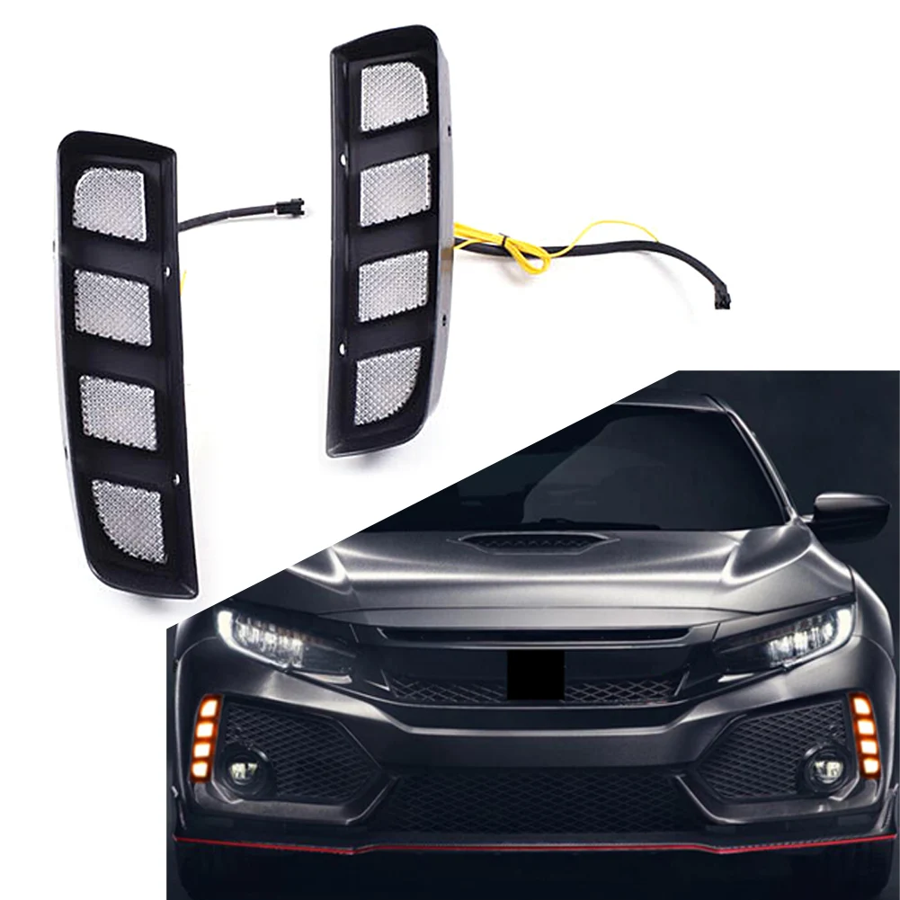 1Pair Car Daytime Running Fog Light With Dynamic Turn Signal LED Lamp DRL For Honda Civic TYPE R 2016 2017 2018 2019