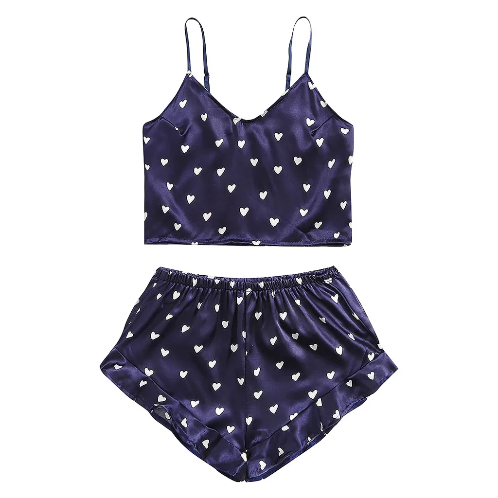 

nightgown pajamas set Women Heart Print Satin silk pajamas Camisole Pajamas Ruffled Flounce Shorts Lingerie Set camisola gecelik