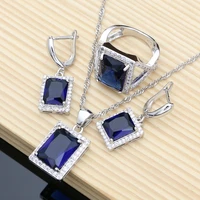 square 925 sterling silver jewelry blue cubic zirconia white cz jewelry sets for women party earringspendantnecklacering