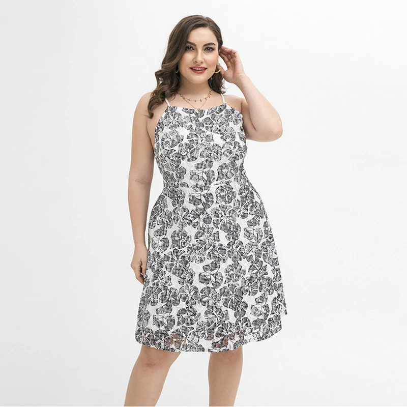 

Slip Dress Plus Size Fresh Princess Elegant Lace 4XL Sling Sleeveless Knee Length Black And White Print Pattern summer dresses