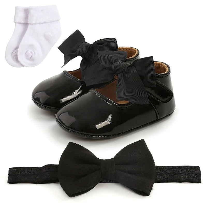 

3pcs/set Autumn Baby Girl Crib Shoes Baby Girl Bowknot Toddler Shoes + 1 Headband + 1 Socks For Infant 0-18M Walking Shoes4