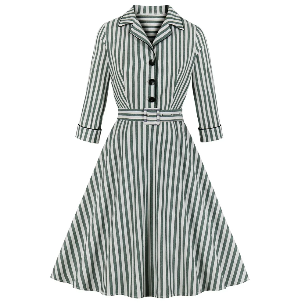 Joineles Полосатое женское винтажное платье с отворотом и длинным рукавом размера