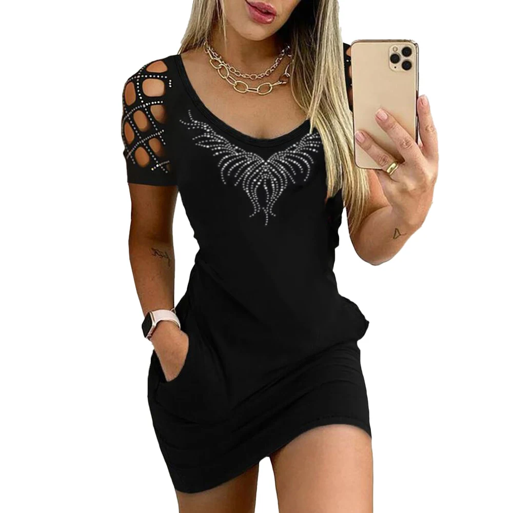

Sexy Women Pack Hip Pencil Dress Bodycon Summer Robe Female Solid Diamend Fashion Streetwear Vestidos Women Elegant Black Dress