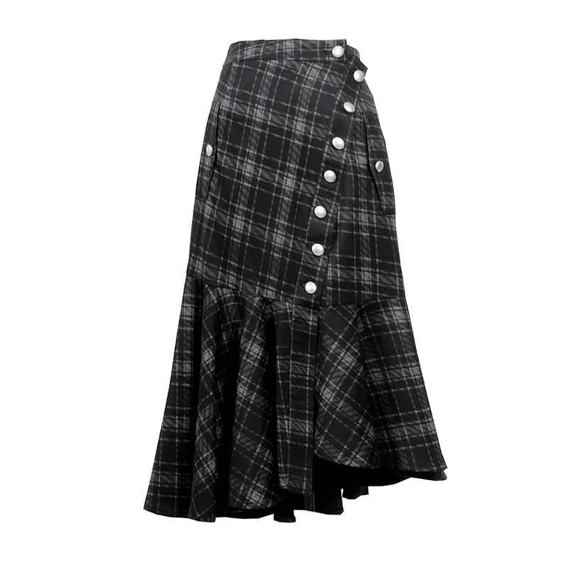 

LANMREM Dark Gray Plaid Button Skirt Women's 2021 Spring Autumn Irregular Splicing High Waist Slim Fishtail Skirt 2D1333