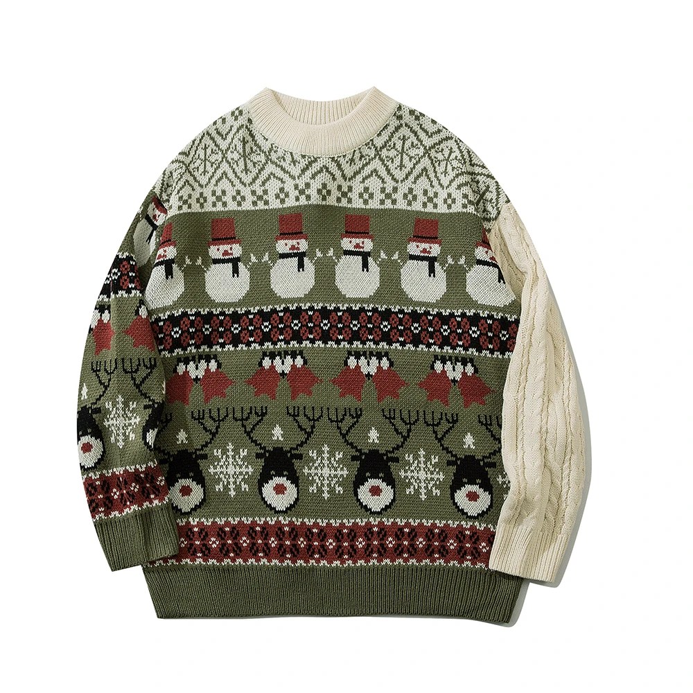 

Christmas Cartoon Jacquard Color Stitching Sweater Men Fashion Trendy Loose Round Neck Knitting Sweater Long Sleeve Pullover Top