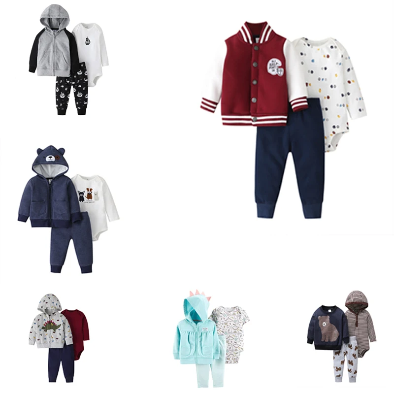 Baby Boy Clothes Set Long Sleeve Patch Jackets+Romper+Pant Fashion 2021 New Born Outfit Newborn Infant Clothing Spring Cotton