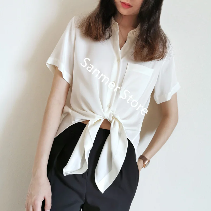 

Women Knotted Short Sleeve Shirt Solid Color 100% Polyester Turn-down Collar Single Pocket Buttons Office Lady Top