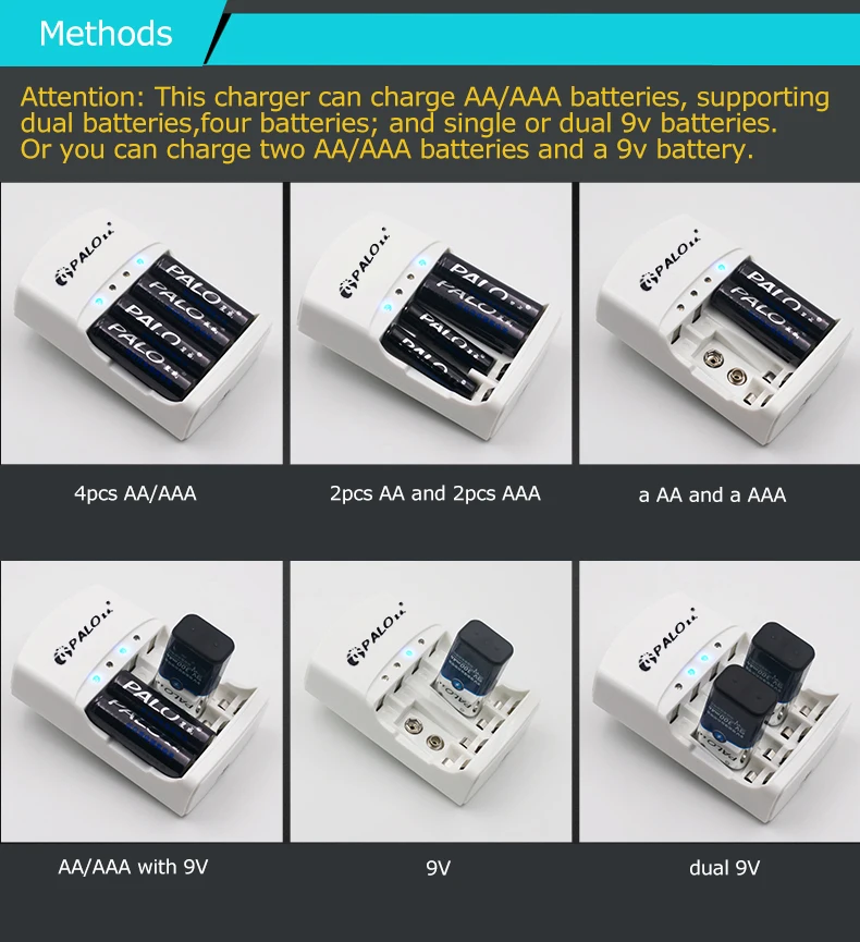 PALO aa aaa 2a 3a 9V зарядное устройство электрическая Зарядка для 1,2 V aa aaa 9v(6F22) Ni-MH аккумуляторы