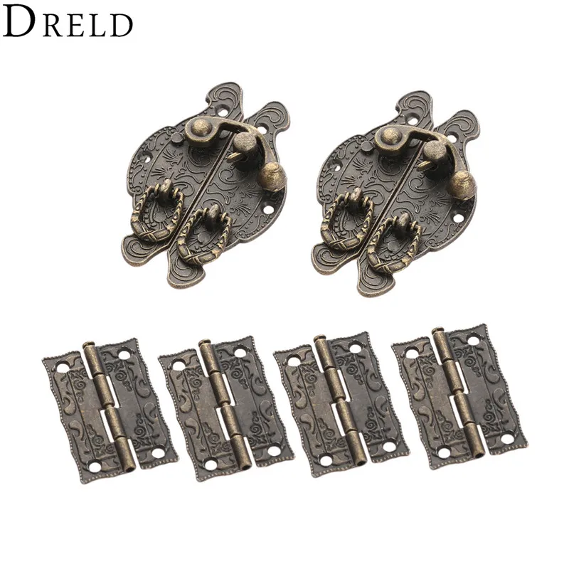 DRELD 4 шт. мебель петли для шкафа + 2 Античная бронзовая бижутерия деревянный ящик