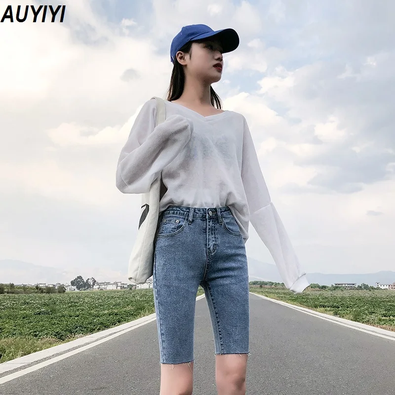 

AUYIYI 2021 Black Denim Five-Point Pants Women's Summer New Spring High-Waist Short-Fitting Net Celebrity Riding Thin Pants