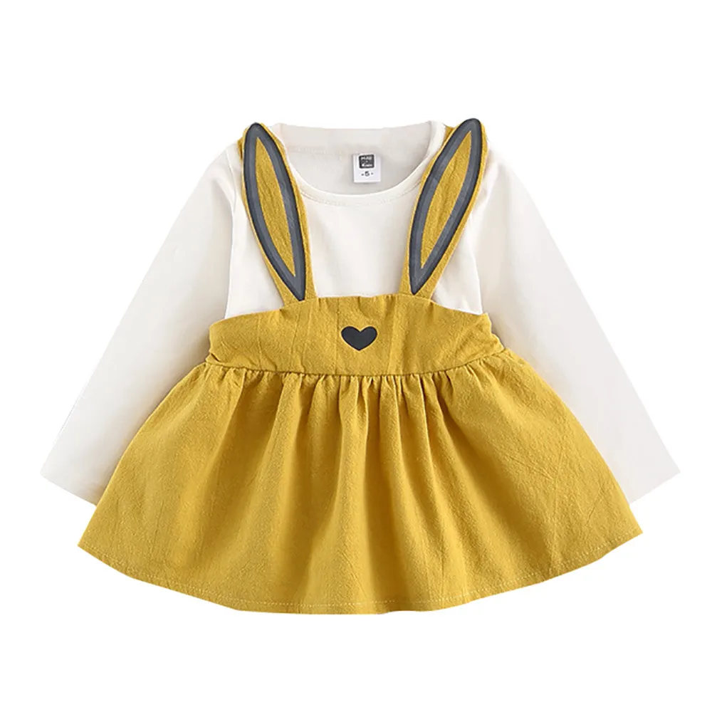 Yellow Платье с кроликом осенний костюм для маленьких девочек от 0 до 3 лет с милым кроликом мини-платье пуловер с длинными рукавами, платье - Цвет: Yellow